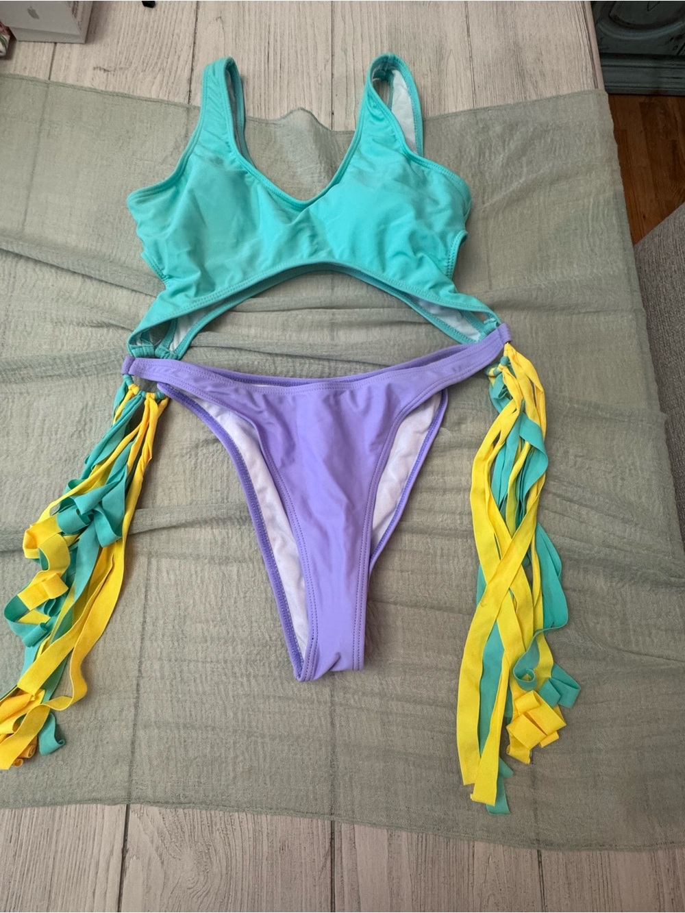 Colorblock Fringe Two-Piece Bikini — Aqua, Lavender & Yellow